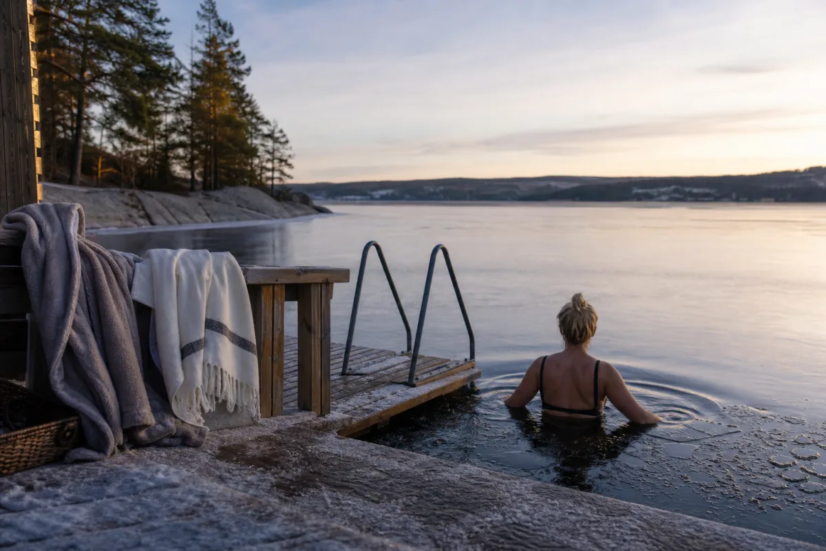 Kallt bad och varm bastu som visar växelbad