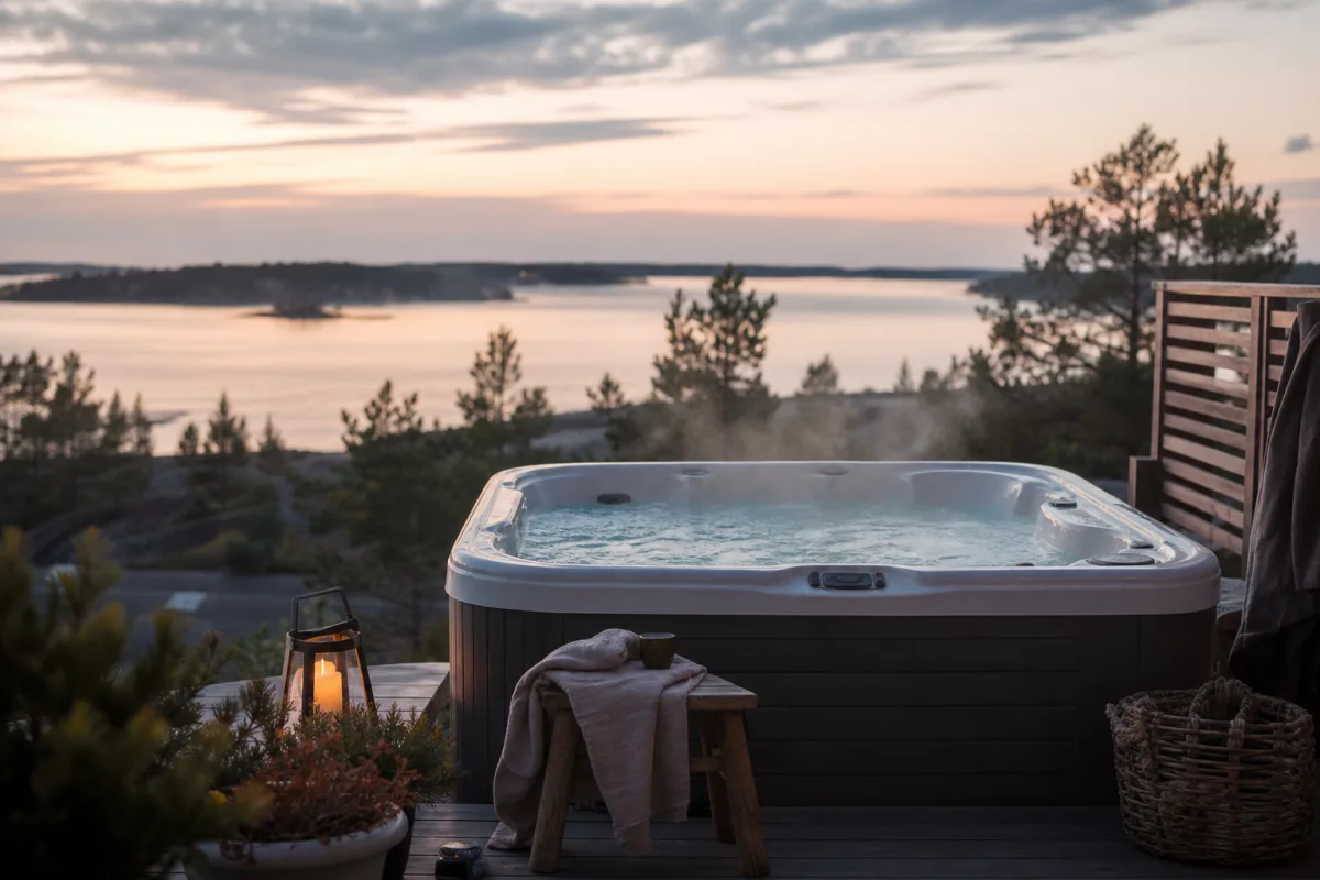 Redaktionell bild till artikeln Jacuzzi utomhus – köpa & placera